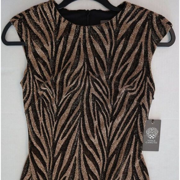 Vince Camuto Women's Sz 2 Black/Gold Metallic Tiger Print Sheath Dress - Picture 5 of 8
